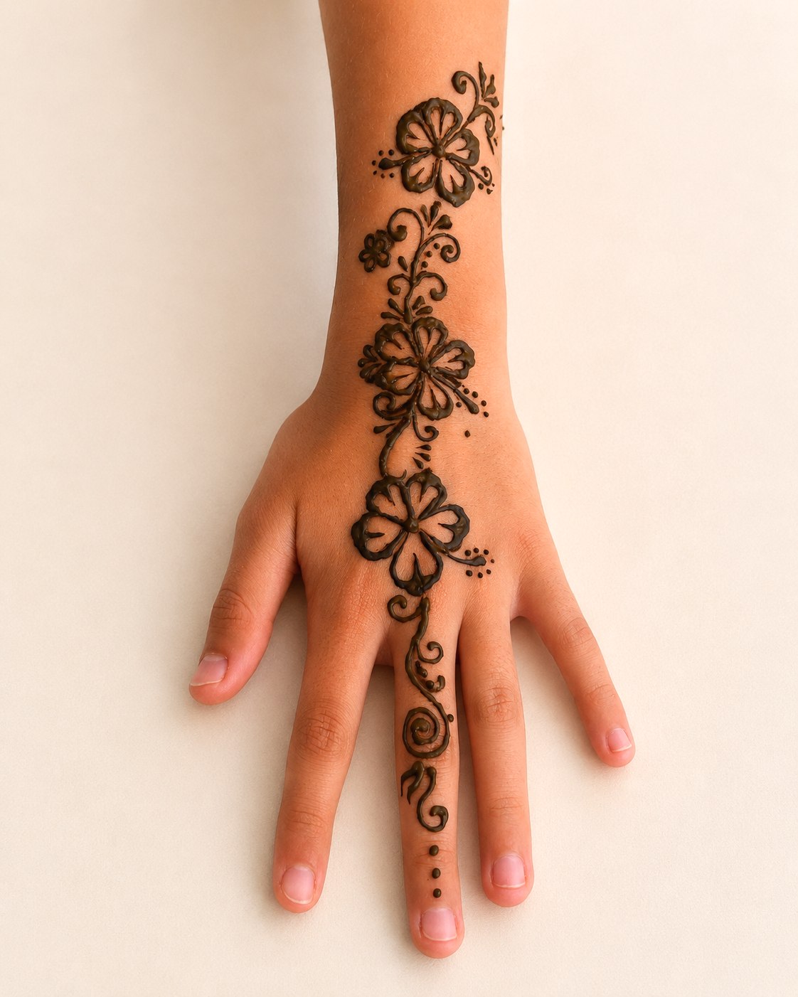 Hibiscus flower chain running up the arm with a curling vine to the fingertip