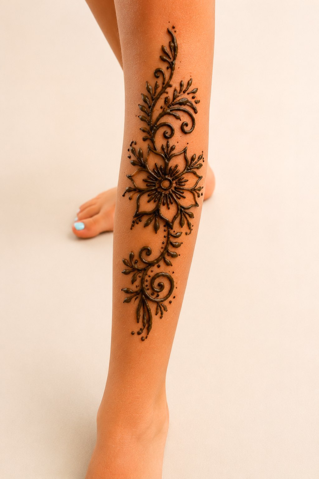 Large flower mandala with vines and leaves running up the calf