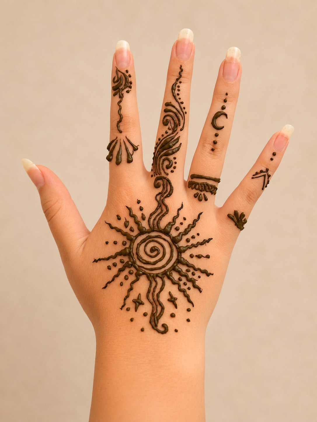 Full-hand celestial henna — spiral sun on the palm, moon and stars on each finger