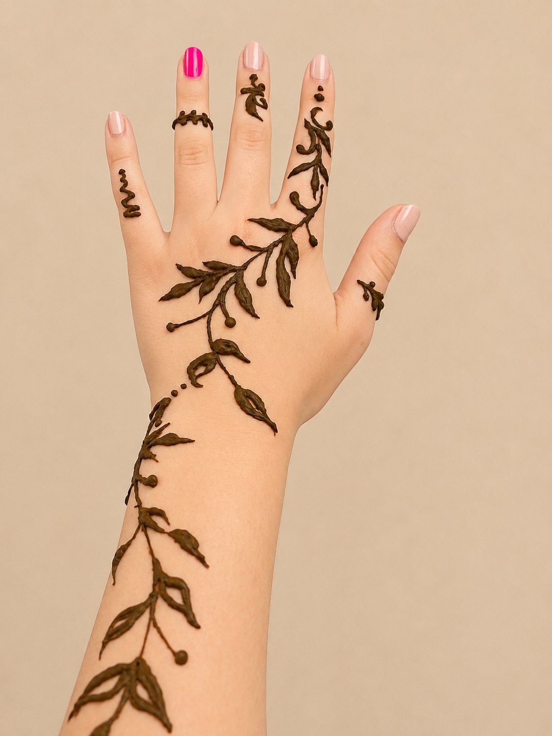 Delicate trailing leaf vine henna running from wrist to fingertip