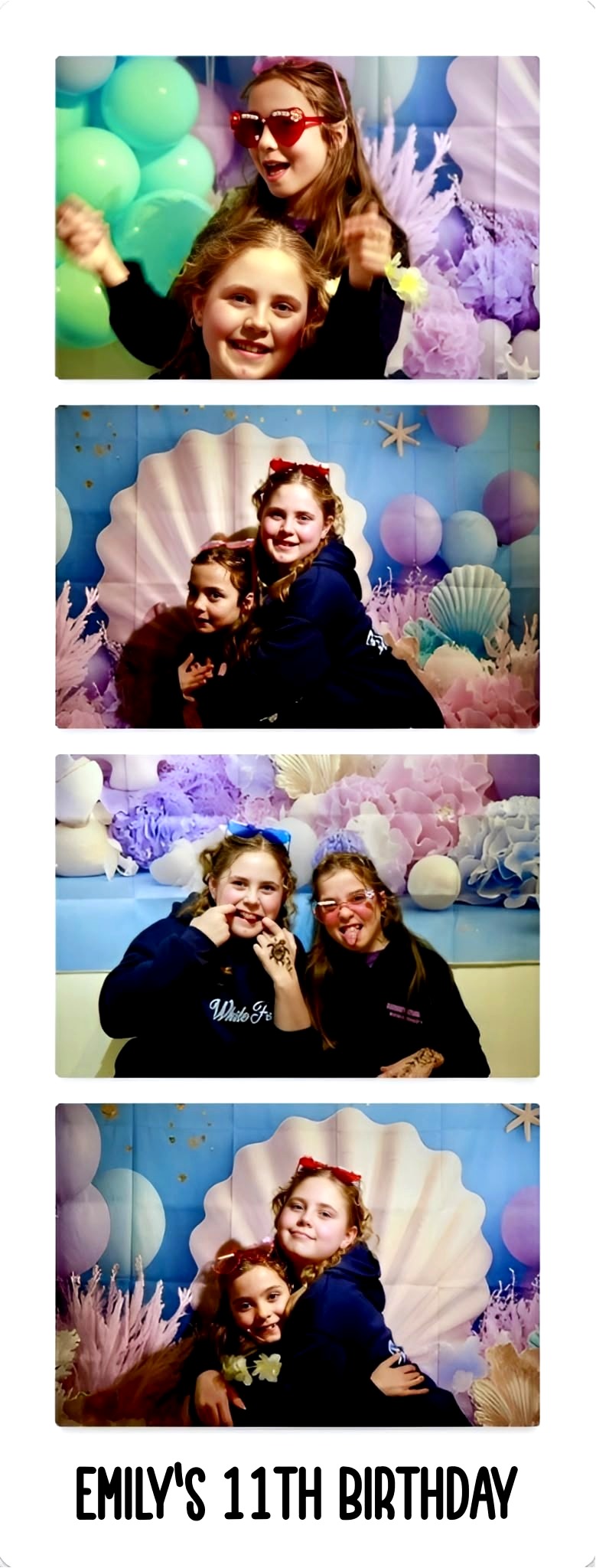 Photo booth strip — groups of two and three girls in fun poses with sunglasses, Emily's 11th birthday