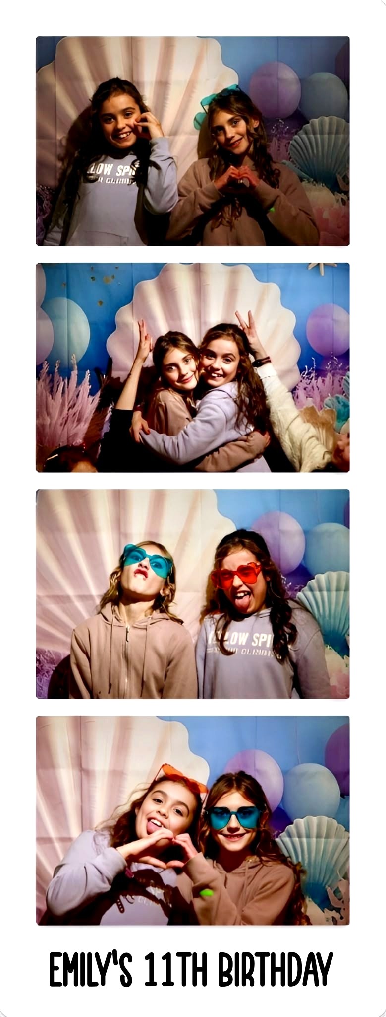 Photo booth strip — pairs of girls with props and silly poses, Emily's 11th birthday