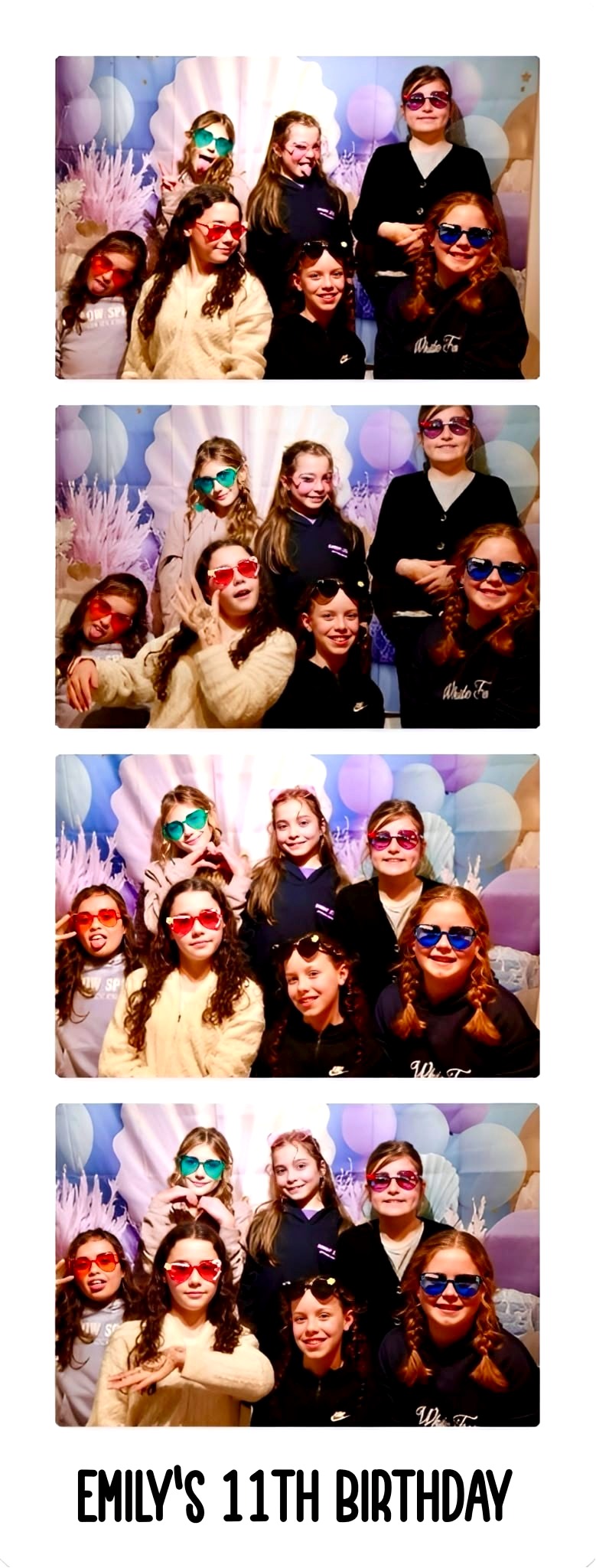 Photo booth strip — six girls in sunglasses with fun poses, Emily's 11th birthday