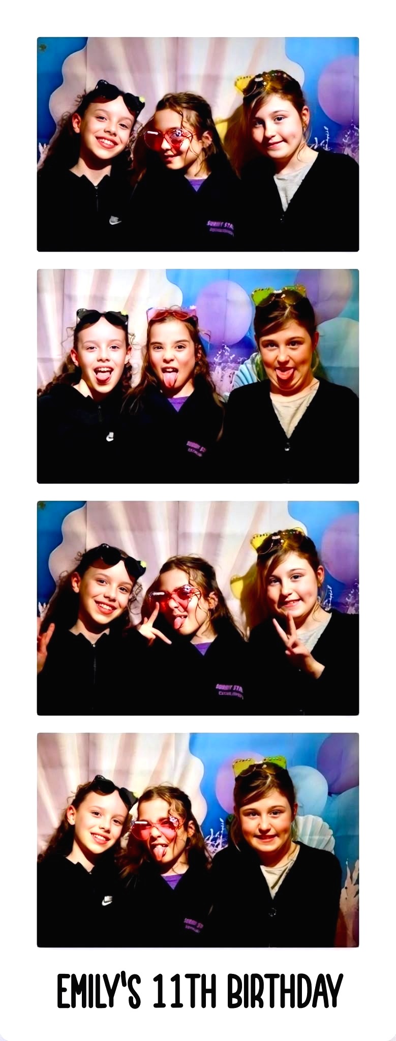 Photo booth strip — four girls posing with sunglasses and props, Emily's 11th birthday